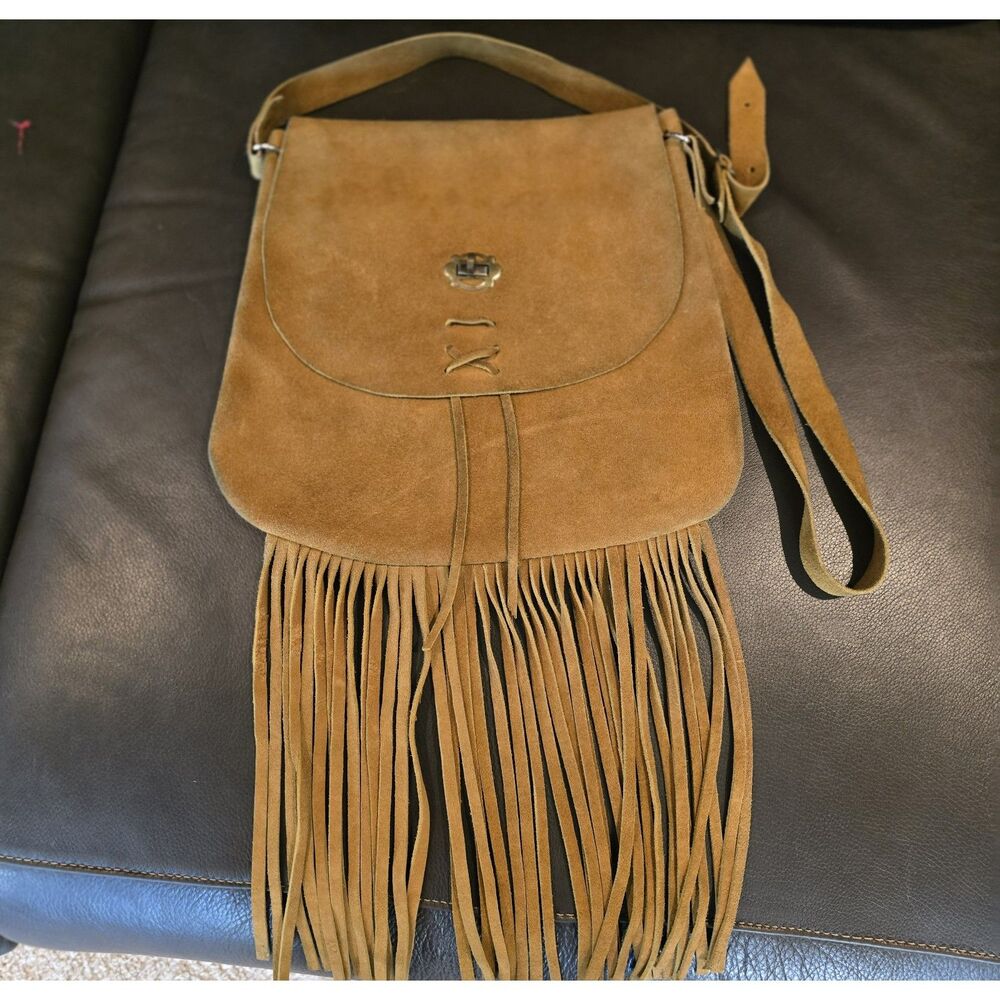 Vintage Handmade Suede Handbag with Fringe and small Pouch
